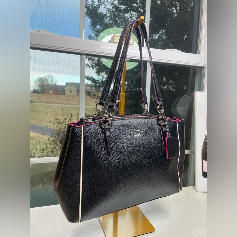 Coach Christie Carryall Black Crossgrain Leather with Pink/Magenta Piping NWOT - Picture 3 of 17